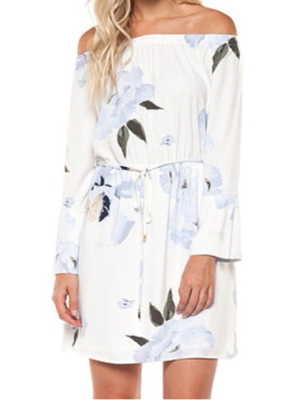 Off-Shoulder White and Blue Foral Dress